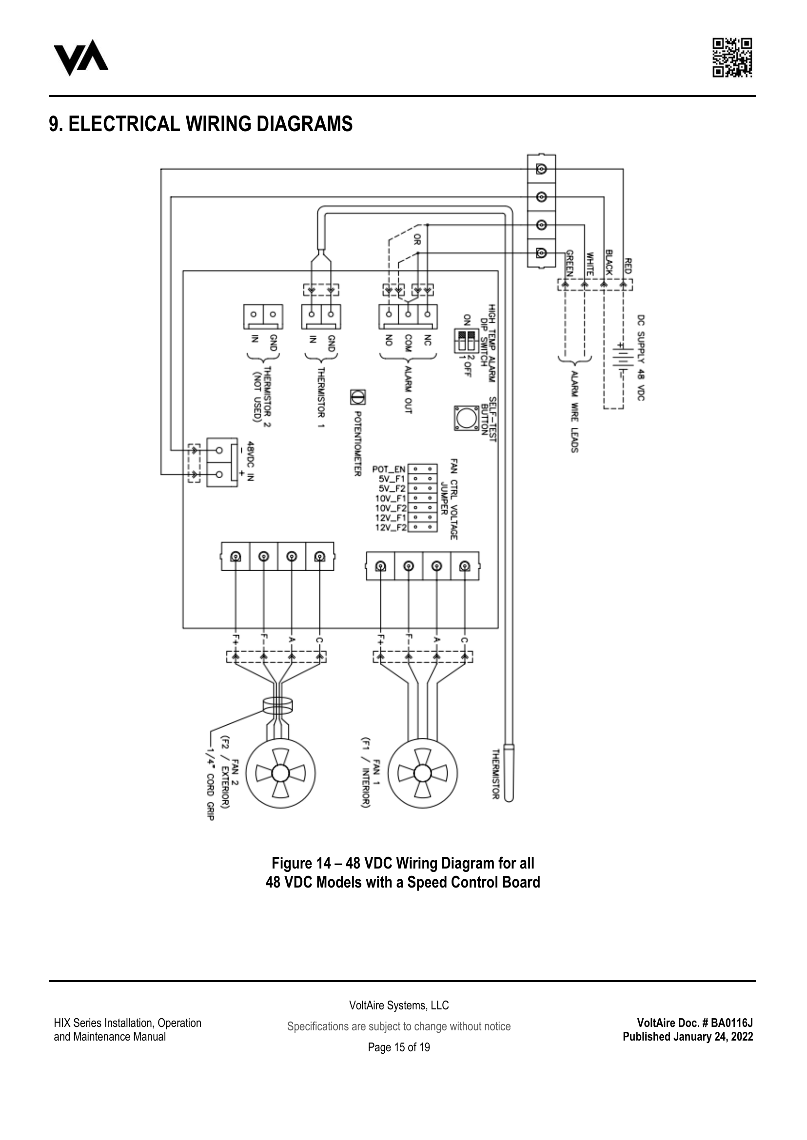 VoltAire 48VDC wiring diagram showing power input, alarm output Form C contacts, and fan control connections on the speed control board