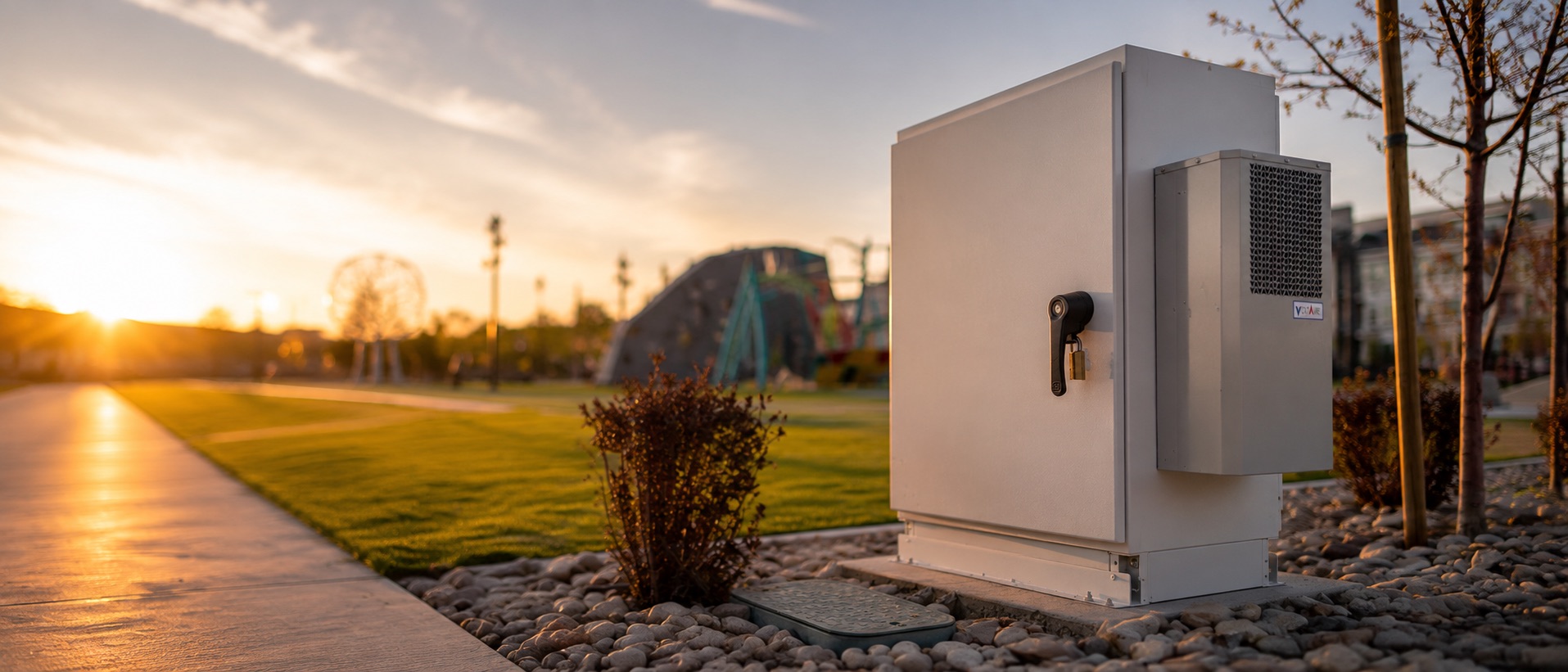 VoltAire AN02 enclosure air conditioner cooling an outdoor control cabinet in a city park at sunset